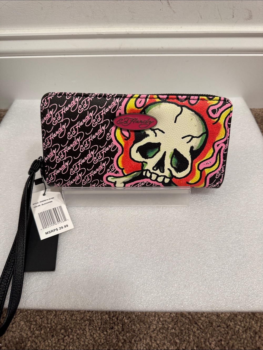 Ed Hardy Neon Skull Zip-Around Wristlet wallet NWT